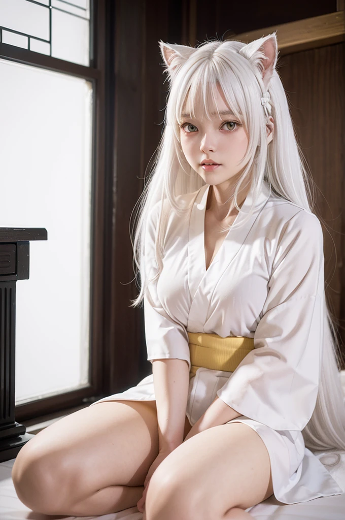 in 8in 8K,top-quality,Real Image,intricate detailes,超A high resolution,Depth Field,masuter piece,natural soft light,profetional lighting,1 girl in,(cute little:1.2),an extremely beautiful -yeld giA detailed eye,I can see panties,Delicate thighs visible from the front, ((white hair:1.5, white cat ears:1.8, long hair:1.8, front fringe, yellow eyes, medium breasts, white kimono:1.5), snow garden, sexy pose,