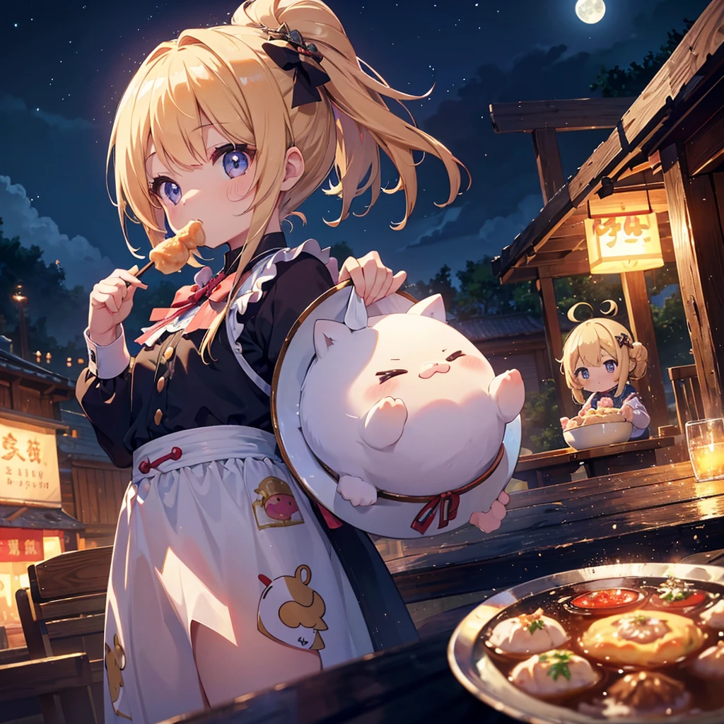 ultra detailed, ultra high res, 64k, Masterpiece, top quality, beautiful eyes in detail, high definition background, bright and beautiful atmosphere, 3 girls (2 years old, 1 short-tempered round face), Chibi (1 child) (hair) , surface effect), color effect), small breasts, blonde hair, decorated with many buns under the full moon, a mini pig on a girl's shoulder, a girl eating dumplings on a plate and looking delicious. A lot of mini pigs staring at the moon, mini pigs stuffing their mouths with dumplings, mini pigs with sleepy faces, deltamon_sdXL:0.73) >Deltamon negative prompt