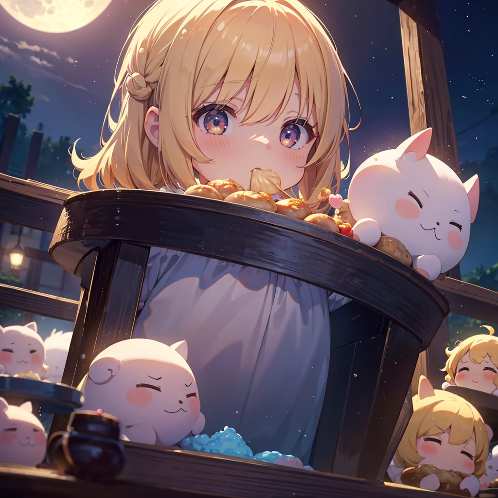 ultra detailed, ultra high res, 64k, Masterpiece, top quality, beautiful eyes in detail, high definition background, bright and beautiful atmosphere, 3 girls (, 1 short-tempered round face), Chibi (1 child) (hair) , surface effect), color effect), small breasts, blonde hair, decorated with many buns under the full moon, a mini pig on a girl's shoulder, a girl eating dumplings on a plate and looking delicious. A lot of mini pigs staring at the moon, mini pigs stuffing their mouths with dumplings, mini pigs with sleepy faces, deltamon_sdXL:0.73) >Deltamon negative prompt