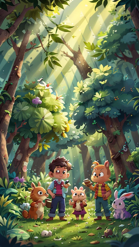 A  and a , in the forest illuminaThe Secret of the Enchanted Forest A beautiful forest full of tall, colorful trees, lush flowers and friendly animals.
These are your animal friends - Peter the Squirrel, Bella the Bunny and Toby the Bunny.


That&#39;s why every day, fruits and vegetables mysteriously disappear from the forest.
 Animals begin to distrust each other.


Então Pedro encontra pegThere iss estranhas perto do campo de morangos.
A reação de Pedro foi de surpresa então Os amigos decidem seguir as pegThere iss para descobrir quem está roubando.

Mas As pegThere iss levam a um buraco escondido.
 Inside the hole, find a hedgehog, Timmy, who was stealing food to feed his hungry family.

 That&#39;s when the friends realize that Timmy just wanted to help his family..
 standing together, decide to divide the forest food fairly and help Timmy find extra food.


Then All the animals of the forest get together for a big party, celebrating friendship and generosity.

But now you know what they learned?There is