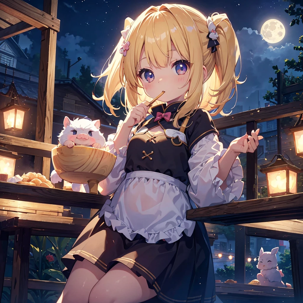 ultra detailed, ultra high res, 64k, Masterpiece, top quality, beautiful eyes in detail, high definition background, bright and beautiful atmosphere, 3 girls (2 years old, 1 short-tempered round face), Chibi (1 child) (hair) , surface effect), color effect), small breasts, blonde hair, decorated with many buns under the full moon, a mini pig on a girl's shoulder, a girl eating dumplings on a plate and looking delicious. A lot of mini pigs staring at the moon, mini pigs stuffing their mouths with dumplings, mini pigs with sleepy faces, deltamon_sdXL:0.73) >Deltamon negative prompt