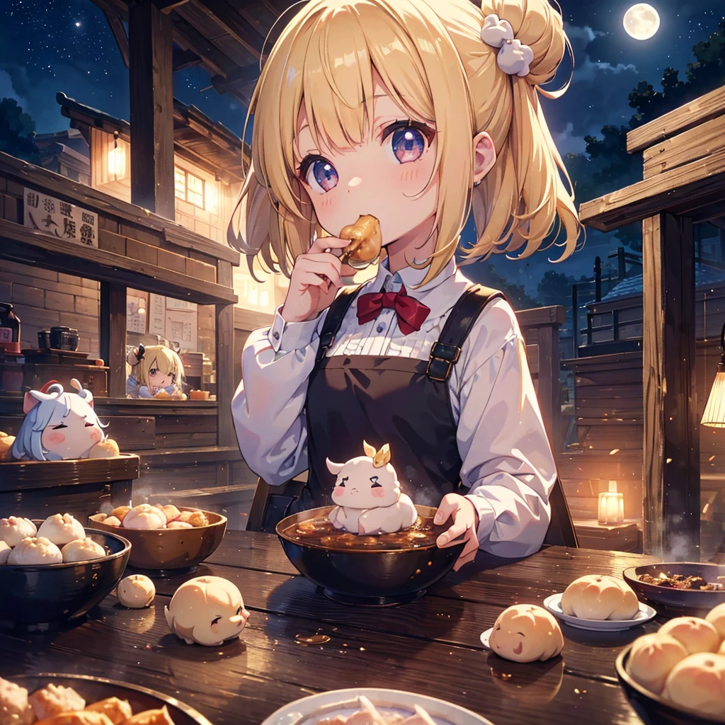 ultra detailed, ultra high res, 64k, Masterpiece, top quality, beautiful eyes in detail, high definition background, bright and beautiful atmosphere, 3 girls (, 1 short-tempered round face), Chibi (1 child) (hair) , surface effect), color effect), small breasts, blonde hair, decorated with many buns under the full moon, a mini pig on a girl's shoulder, a girl eating dumplings on a plate and looking delicious. A lot of mini pigs staring at the moon, mini pigs stuffing their mouths with dumplings, mini pigs with sleepy faces, deltamon_sdXL:0.73) >Deltamon negative prompt