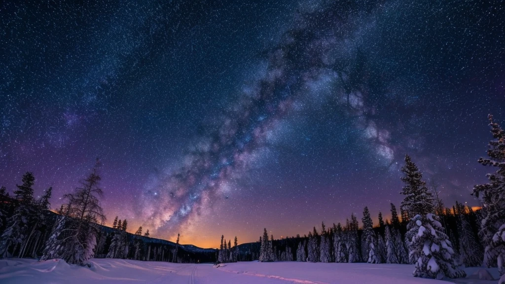 wonderfull stary sky with milky way in norway snowy forest, pink and purple