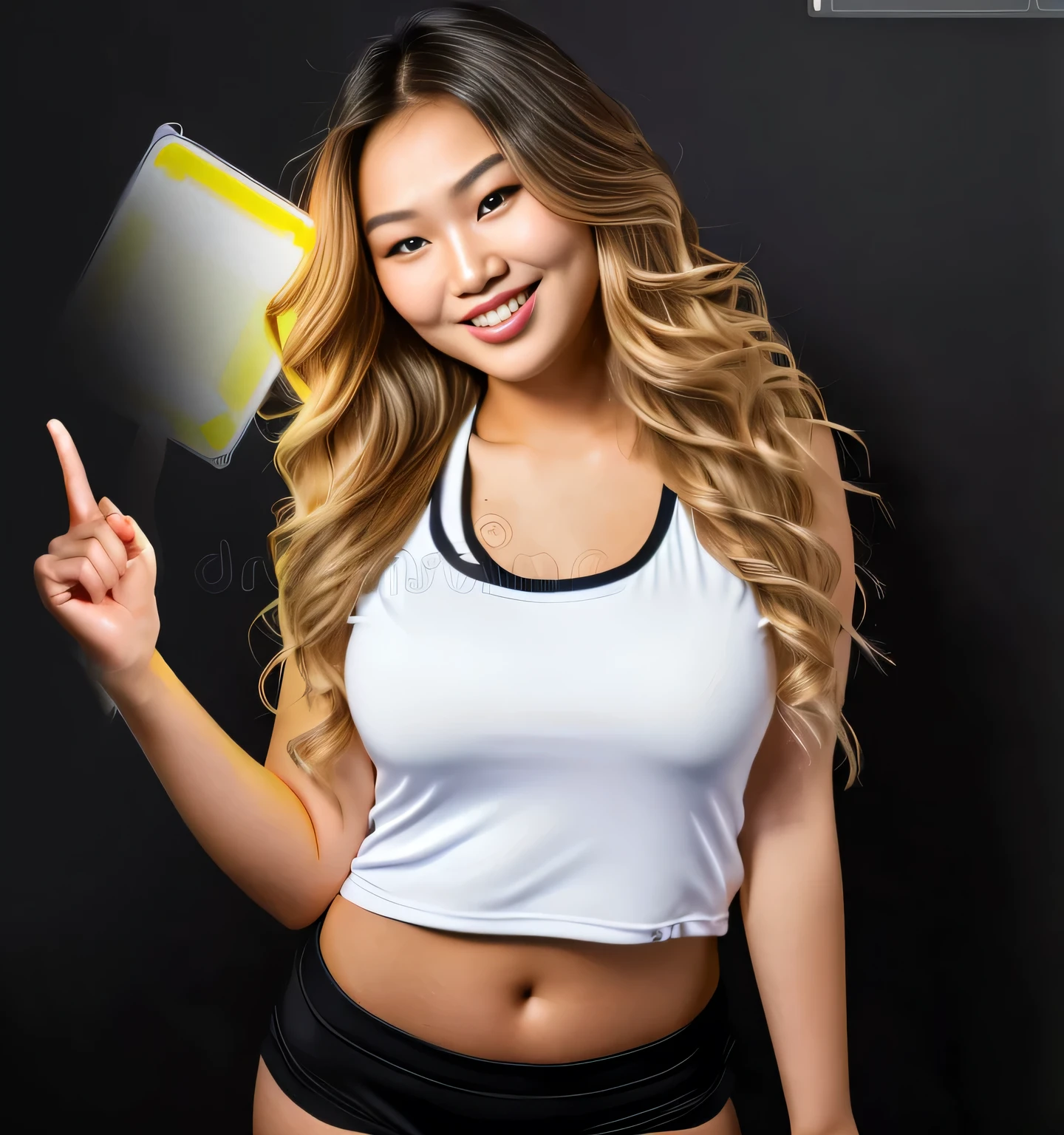beautiful Kazakh girl photo hyperrealistic points her finger upward
