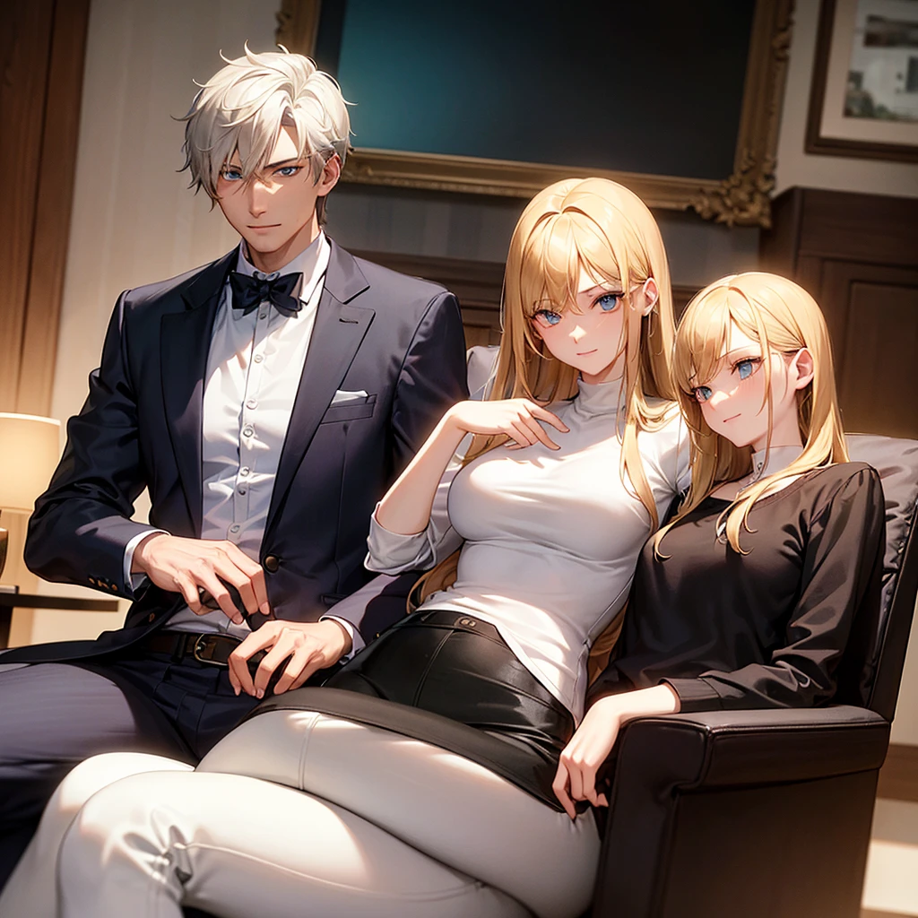 In a modern living room, filled with natural sunlight filtering through open curtains, a young man and a young woman relax together on a plush sofa. The man is distinguished by his white hair, yellow eyes, and slim frame, clad in a pristine white shirt and matching jogging pants. He holds a meticulously detailed smartphone, his expression bright with a warm smile. 

Opposite him sits the young woman, her blonde hair catching the light in soft waves, complemented by piercing blue eyes. She wears a stylish blazer over a neatly pressed shirt, paired with jeans. Engrossed in a green book, she exudes an air of focused concentration.

The entire scene is a testament to artistic excellence, featuring impeccable animation and attention to detail. Both characters boast expressive eyes, flawless facial features, and hands with precise anatomical accuracy, right down to their fingers. The modern décor of the room enhances the ambiance, with carefully chosen furnishings and decorations that add to its contemporary allure.
