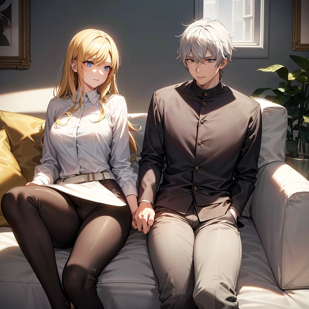In a modern living room, filled with natural sunlight filtering through open curtains, a young man and a young woman relax together on a plush sofa. The man is distinguished by his white hair, yellow eyes, and slim frame, clad in a pristine white shirt and matching jogging pants. He holds a meticulously detailed smartphone, his expression bright with a warm smile.
Opposite him sits the young woman, her blonde hair catching the light in soft waves, complemented by piercing blue eyes. She wears a stylish blazer over a neatly pressed shirt, paired with jeans. Engrossed in a green book, she exudes an air of focused concentration.
The entire scene is a testament to artistic excellence, featuring impeccable animation and attention to detail. Both characters boast expressive eyes, flawless facial features, and hands with precise anatomical accuracy, right down to their fingers. The modern décor of the room enhances the ambiance, with carefully chosen furnishings and decorations that add to its contemporary allure.