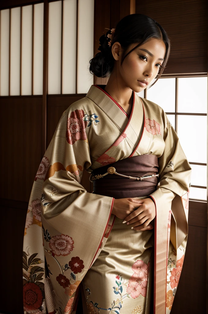 A brown skinned female wearing a real kimono has a nichirin blade whose blade holder has an eye design.