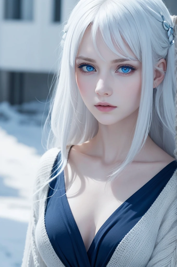 create an image of one from district 12, blue eyes as deep as the ocean, snow white hair, white icy pale skin, fearless and different from everyone else in the district 