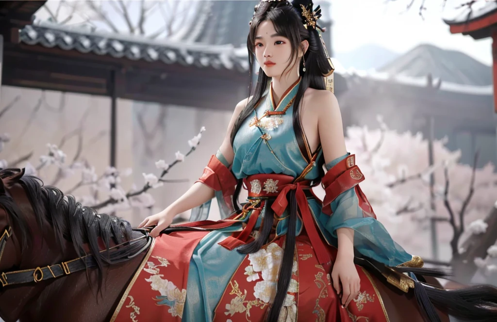 a close up of a woman riding a horse with a bird on her shoulder, inspired by Du Qiong, full body wuxia, xianxia hero, inspired by Wu Zuoren, inspired by Li Mei-shu, beautiful render of tang dynasty, female samurai, chinese warrior, inspired by Ju Lian, inspired by Cao Zhibai, bian lian