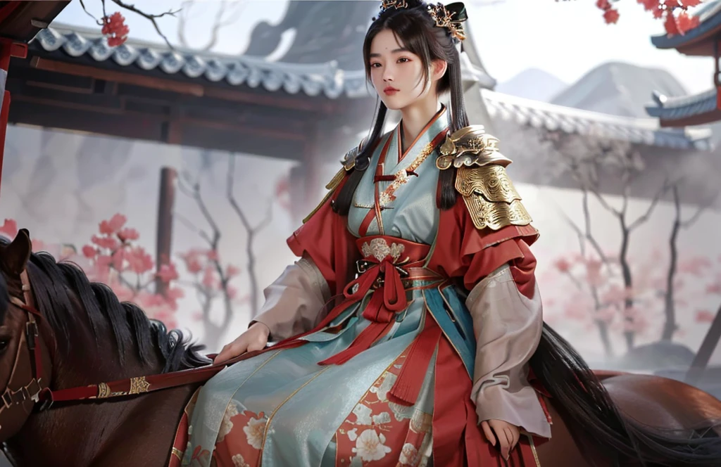 a close up of a woman riding a horse with a bird on her shoulder, inspired by Du Qiong, full body wuxia, xianxia hero, inspired by Wu Zuoren, inspired by Li Mei-shu, beautiful render of tang dynasty, female samurai, chinese warrior, inspired by Ju Lian, inspired by Cao Zhibai, bian lian