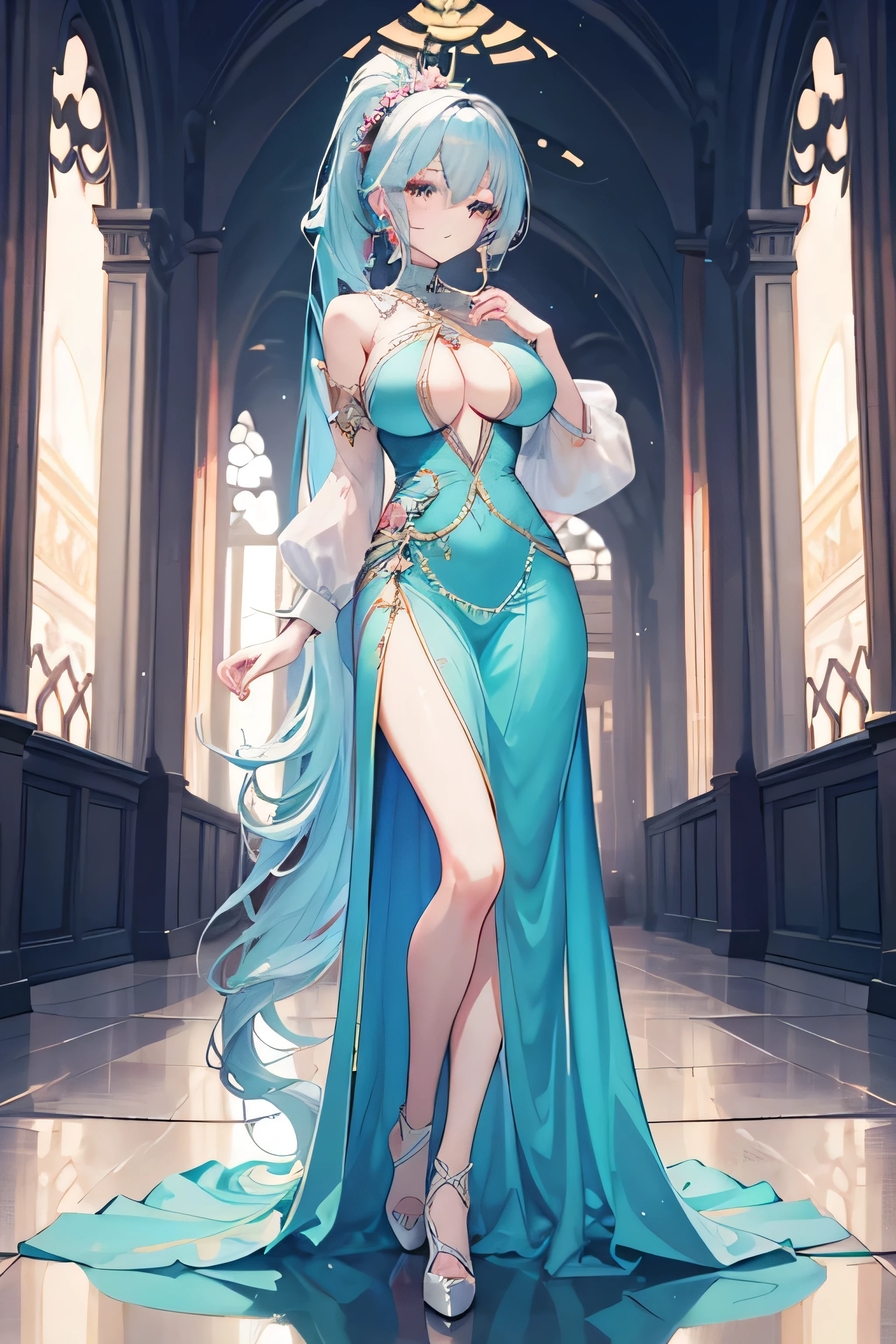 full body, masterpiece, 8k, ultra HD, sharp focus, details hair, beautiful hair, details face, beautiful detail eye, details pupil, perfect hand, vibrant colours, soft lighting.

1girl, long hair, ponytail, light blue-pink hair, dark green eyes, large breast, long dress, beautiful dress, open chest, high heels.

in temple, standing, beside pillar, raining, nice clouds 