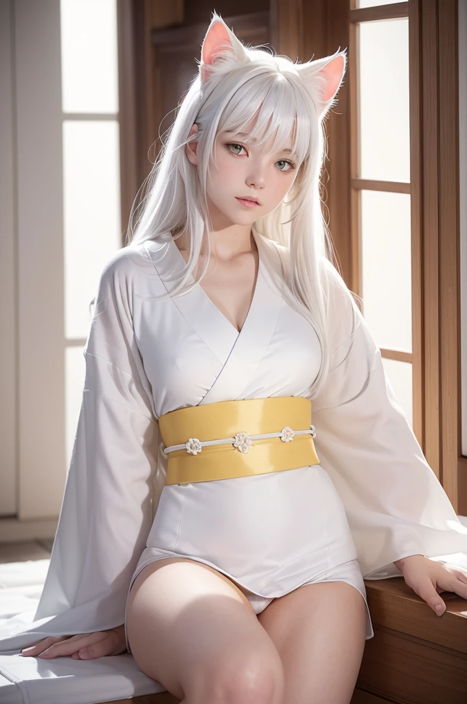 in 8in 8K,top-quality,Real Image,intricate detailes,超A high resolution,Depth Field,masuter piece,natural soft light,profetional lighting,1 girl in,(cute little:1.2),an extremely beautiful ,A detailed eye,I can see panties,Delicate thighs visible from the front, ((white hair:1.5, white cat ears:1.8, long hair:1.8, front fringe, yellow eyes:1.5, medium breasts, white kimono:1.5), snow garden, sexy pose,