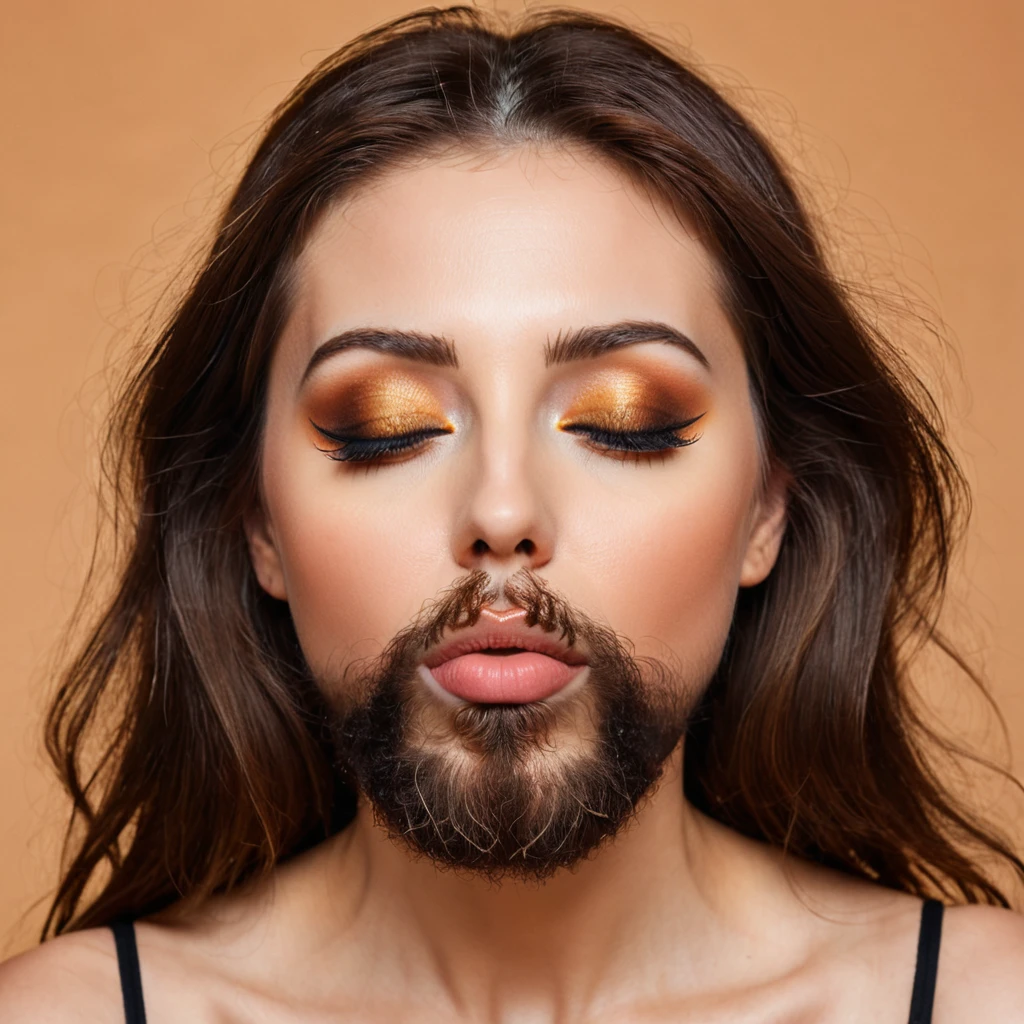 bearded bearded woman, brown hair, amber eyes, kisses the void with her mouth, eyes closed