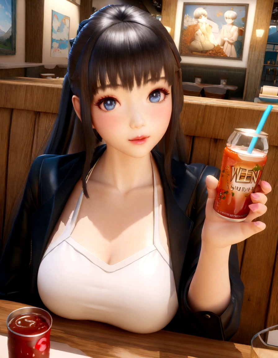 Anime girl holding a drink in a restaurant with a menu in the background, Realistic Anime 3D Style, with a drink, Anime girl drinking energy drink, Smooth anime CG art, [ 4k digital art ]!!, Created by Anime Painter Studio, Gweiz-style artwork, Enchanting anime girl, a Surreal , Surreal 