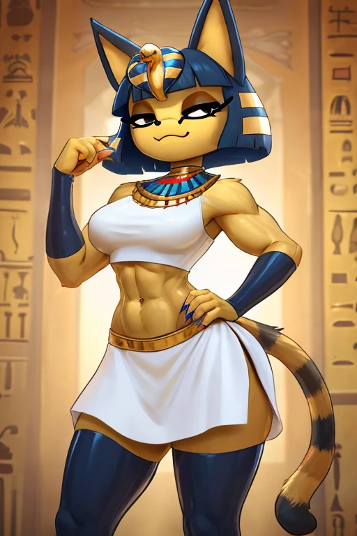 ((best quality)), ((masterpiece)), (detailed), ((2k)), trending on artstation, furry, furry style, anthro style, perfect face, a digital artwork of a sexy Ankha with abs wearing a crop top of her white sleeveless dress with white long dress skirt, a bare midriff, a bare navel, an exposed belly button, Egyptian setting, smug face, tail, blue Egyptian handbands, navel piercing