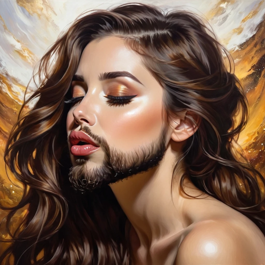 bearded bearded woman, brown hair, amber eyes, kisses the void with her mouth, eyes closed