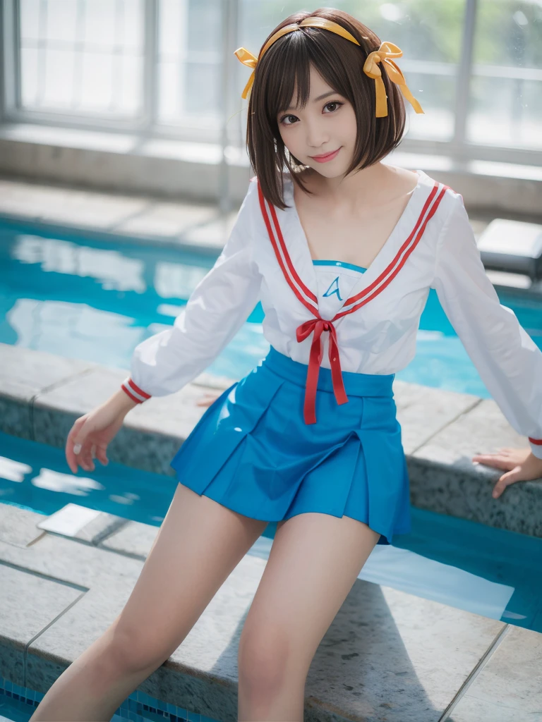 (alone:1.5),Light brown short-cut hair、Big Breasts:1.5、looking at the camera、A big smile、((((whole body))))、Top image quality、超A high resolution、(photographrealistic:1.4)、 AccentLighting, 8K, japanese, (Beautiful face: 1.1)、(photorealistic photos:1.2)、At 8K、haruhi_surfing, white long sleeve shirt and blue collar, micro mini skirt,blue skirt, red tie, yellow ribbon, pretty girl, Pool