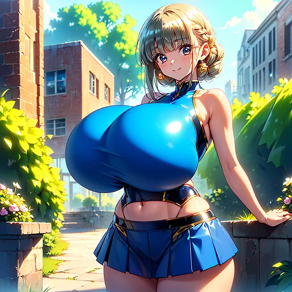 (((masterpiece))), (((best quality))), ((ultra-detailed)), (illustration), ((an extremely delicate and beautiful)), ((super detail)), ((high resolution)), ((())), ((metallic cloth)), (cheerleader), (super heroine), (android), delicate metal decorations, gleaming skin, shiny body, two legs, breast focus, (((tall))), slender legs, ((big round eyes)), cute eyes, drooping eyes, ((adult)), two hands, five fingers, no extra hands, elegant smile, braid, ((metallic blue)), (see-through), (dark blonde), (((ultra-huge breasts))), (shining brightly), outdoor, mini skirt, daytime, ((biopunk)), (hair shorter than shoulder), (medium length hair), gynoid, (metallic shining competition swimsuit), city, ((midriff-baring outfit)),