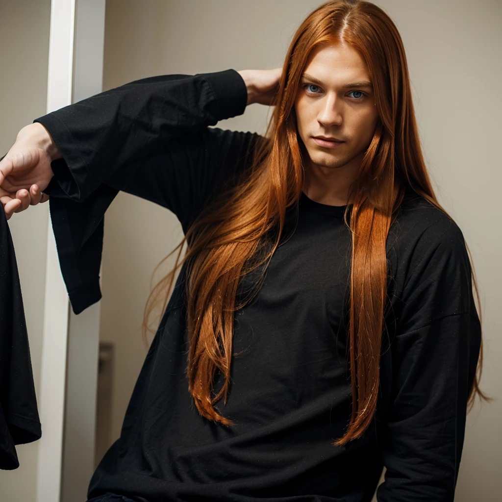 A man with long straight orange hair and blue eyes wearing out-of-style black clothes
