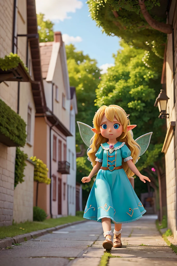 a fairy with fairy wings and blonde hair holds the hand of a six-year-old girl with long hair and elf ears as they walk along a((a street path made of clouds))
