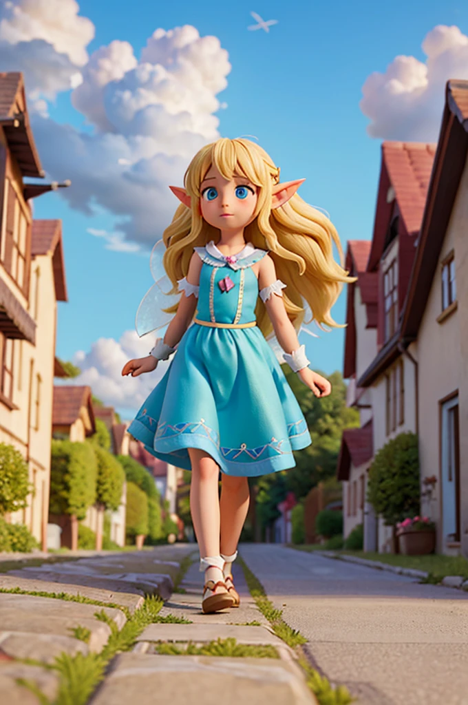 a fairy with fairy wings and blonde hair holds the hand of a six-year-old girl with long hair and elf ears as they walk along a((a street path made of clouds))
