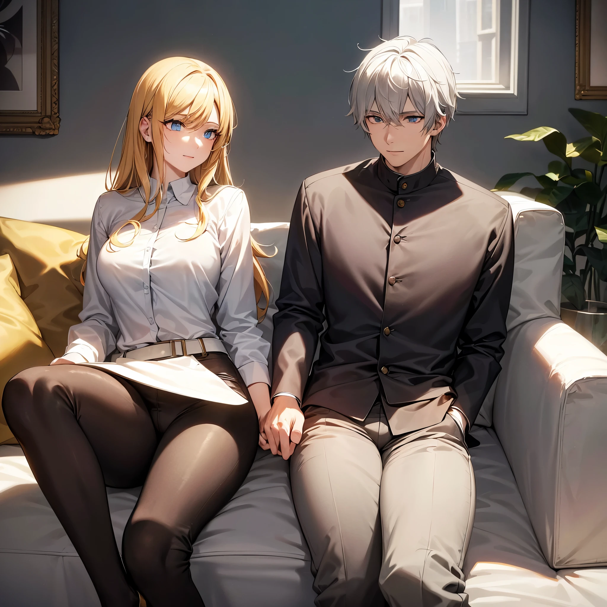 In a modern living room, filled with natural sunlight filtering through open curtains, a young man and a young woman relax together on a plush sofa. The man is distinguished by his white hair, yellow eyes, and slim frame, clad in a pristine white shirt and matching jogging pants. He holds a meticulously detailed smartphone, his expression bright with a warm smile.
Opposite him sits the young woman, her blonde hair catching the light in soft waves, complemented by piercing blue eyes. She wears a stylish blazer over a neatly pressed shirt, paired with jeans. Engrossed in a green book, she exudes an air of focused concentration.
The entire scene is a testament to artistic excellence, featuring impeccable animation and attention to detail. Both characters boast expressive eyes, flawless facial features, and hands with precise anatomical accuracy, right down to their fingers. The modern décor of the room enhances the ambiance, with carefully chosen furnishings and decorations that add to its contemporary allure.