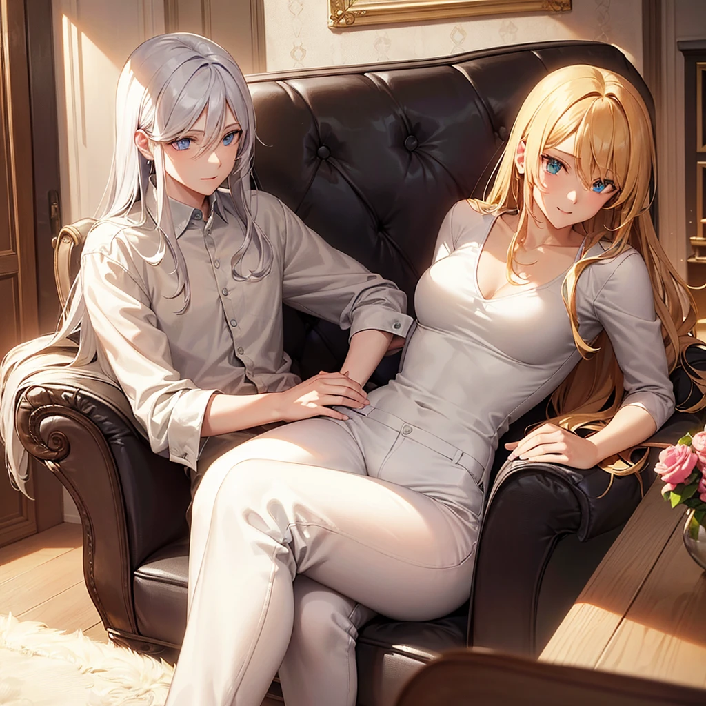 In a modern living room, filled with natural sunlight filtering through open curtains, a young man and a young woman relax together on a plush sofa. The man is distinguished by his white hair, yellow eyes, and slim frame, clad in a pristine white shirt and matching jogging pants. He holds a meticulously detailed smartphone, his expression bright with a warm smile.
Opposite him sits the young woman, her blonde hair catching the light in soft waves, complemented by piercing blue eyes. She wears a stylish blazer over a neatly pressed shirt, paired with jeans. Engrossed in a green book, she exudes an air of focused concentration.
The entire scene is a testament to artistic excellence, featuring impeccable animation and attention to detail. Both characters boast expressive eyes, flawless facial features, and hands with precise anatomical accuracy, right down to their fingers. The modern décor of the room enhances the ambiance, with carefully chosen furnishings and decorations that add to its contemporary allure.