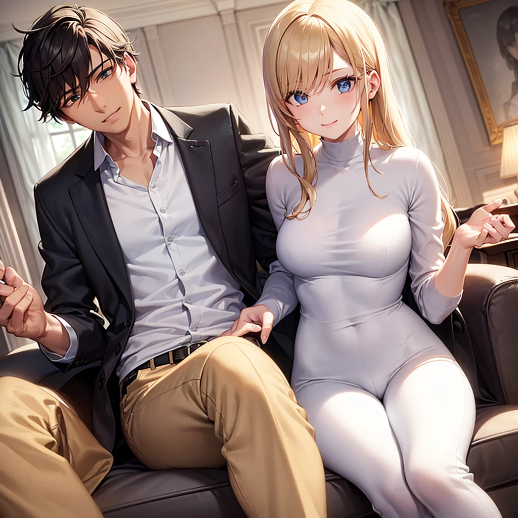 In a modern living room, filled with natural sunlight filtering through open curtains, a young man and a young woman relax together on a plush sofa. The man is distinguished by his white hair, yellow eyes, and slim frame, clad in a pristine white shirt and matching jogging pants. He holds a meticulously detailed smartphone, his expression bright with a warm smile.
Opposite him sits the young woman, her blonde hair catching the light in soft waves, complemented by piercing blue eyes. She wears a stylish blazer over a neatly pressed shirt, paired with jeans. Engrossed in a green book, she exudes an air of focused concentration.
The entire scene is a testament to artistic excellence, featuring impeccable animation and attention to detail. Both characters boast expressive eyes, flawless facial features, and hands with precise anatomical accuracy, right down to their fingers. The modern décor of the room enhances the ambiance, with carefully chosen furnishings and decorations that add to its contemporary allure.