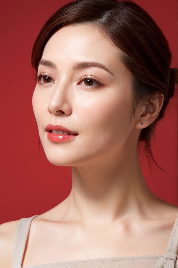 best quality, Practical, Very detailed, high resolution, 8K Background Gray, original photo, Professional photography, Reality, , 1 woman,45 years old expectation), Upper Body, short hair, Small, well-shaped breasts, Perfect face, (((Only the lips are red))), ((Looking at the camera)), (From below),The skin is very rough,The pores on the face are very clear,Skin particles are very clear
