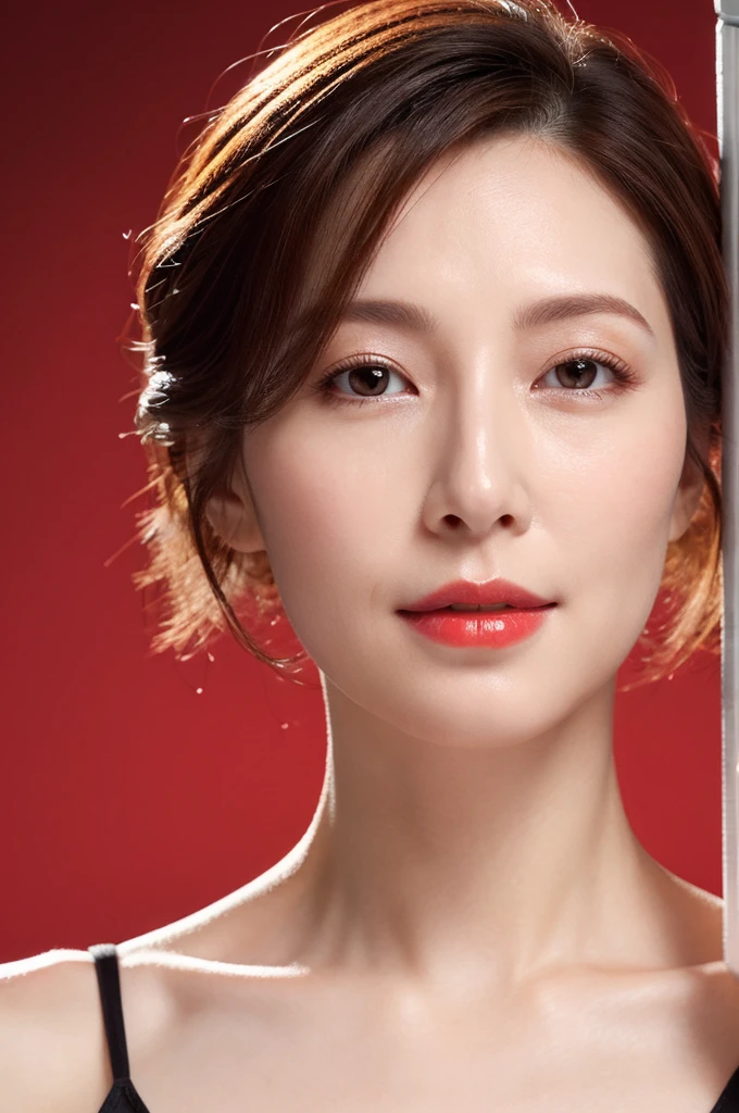 best quality, Practical, Very detailed, high resolution, 8K Background Gray, original photo, Professional photography, Reality, , 1 woman,45 years old expectation), Upper Body, short hair, Small, well-shaped breasts, Perfect face, (((Only the lips are red))), ((Looking at the camera)), (From below),The skin is very rough,The pores on the face are very clear,Skin particles are very clear
