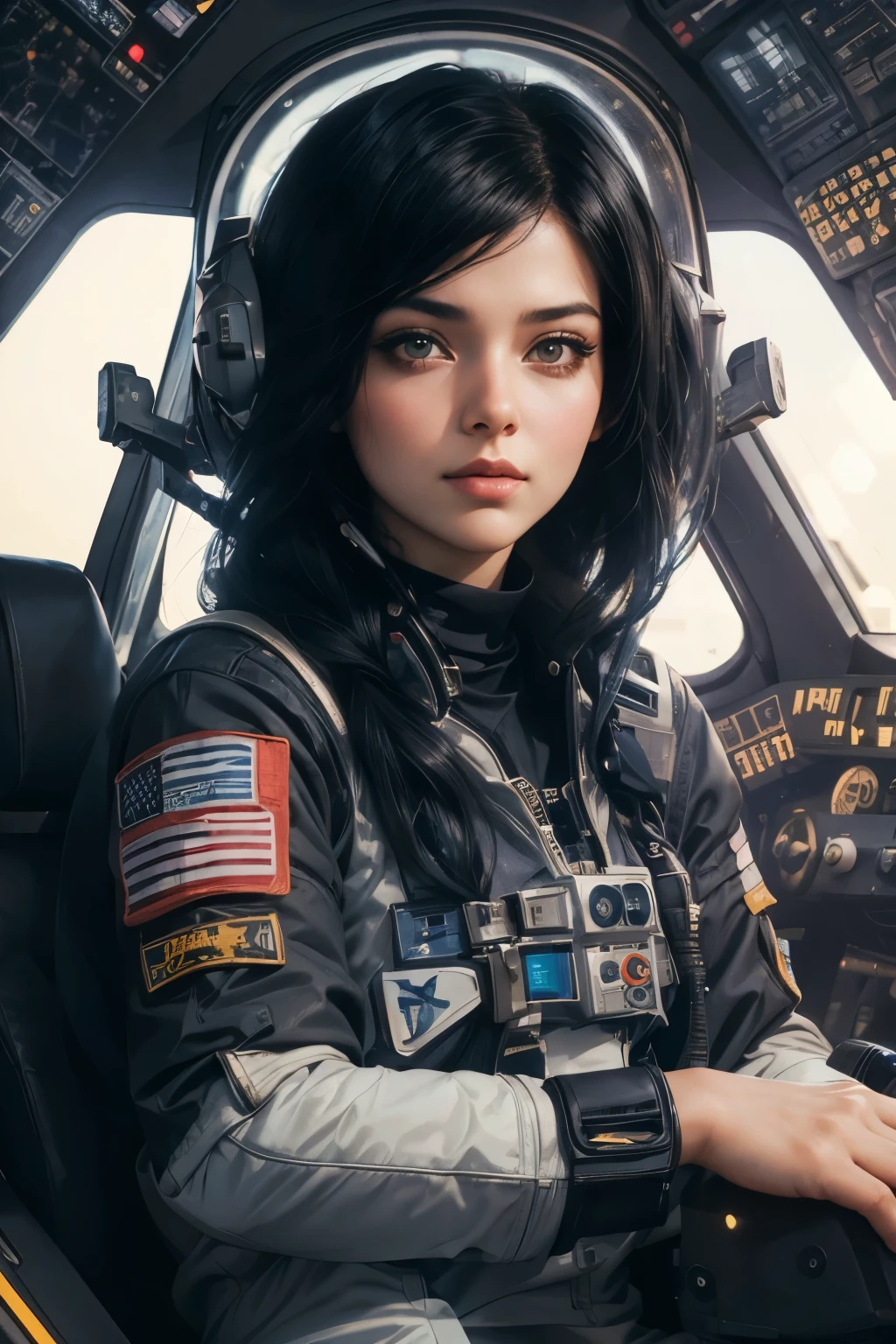 Arabian woman in spacesuit sitting in cockpit, Portrait Anime Astronaut Girl, Lostrun 8k, Armored astronaut girl portrait, Vojtek Fuss, Beautiful SF girl portrait, AI Astronaut Portrait, Cyberpunk girl with jet black hair, Sci-Fi Pilot, Pilot Girl, Gweiz-style artwork, Beautiful digital art