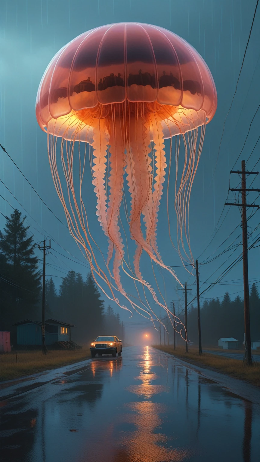 style of Simon Stalenhag,ASCII,sci-fi,moody lighting,depth_of_field,multiple giant lion's mane mechanical jellyfish float in the sky,transparent visible mechanical structures,there is water accumulation on the bumpy road surface,reflection reflection,a gloomy and foggy environment,hyper realistic octane render,foggy,glowing neon lights,cumulonimbus,sunset,rainy days,dripping,lighting,in winter,water vapor,medium_shot,foreshortening,photography,Hyperrealistic art RAW analog photo,(Extremely high-resolution details, photographic, realism pushed to extreme, fine texture,incredibly absurdres,absurdres,masterpiece,Extremely high-resolution details,realism pushed to extreme,fine texture),