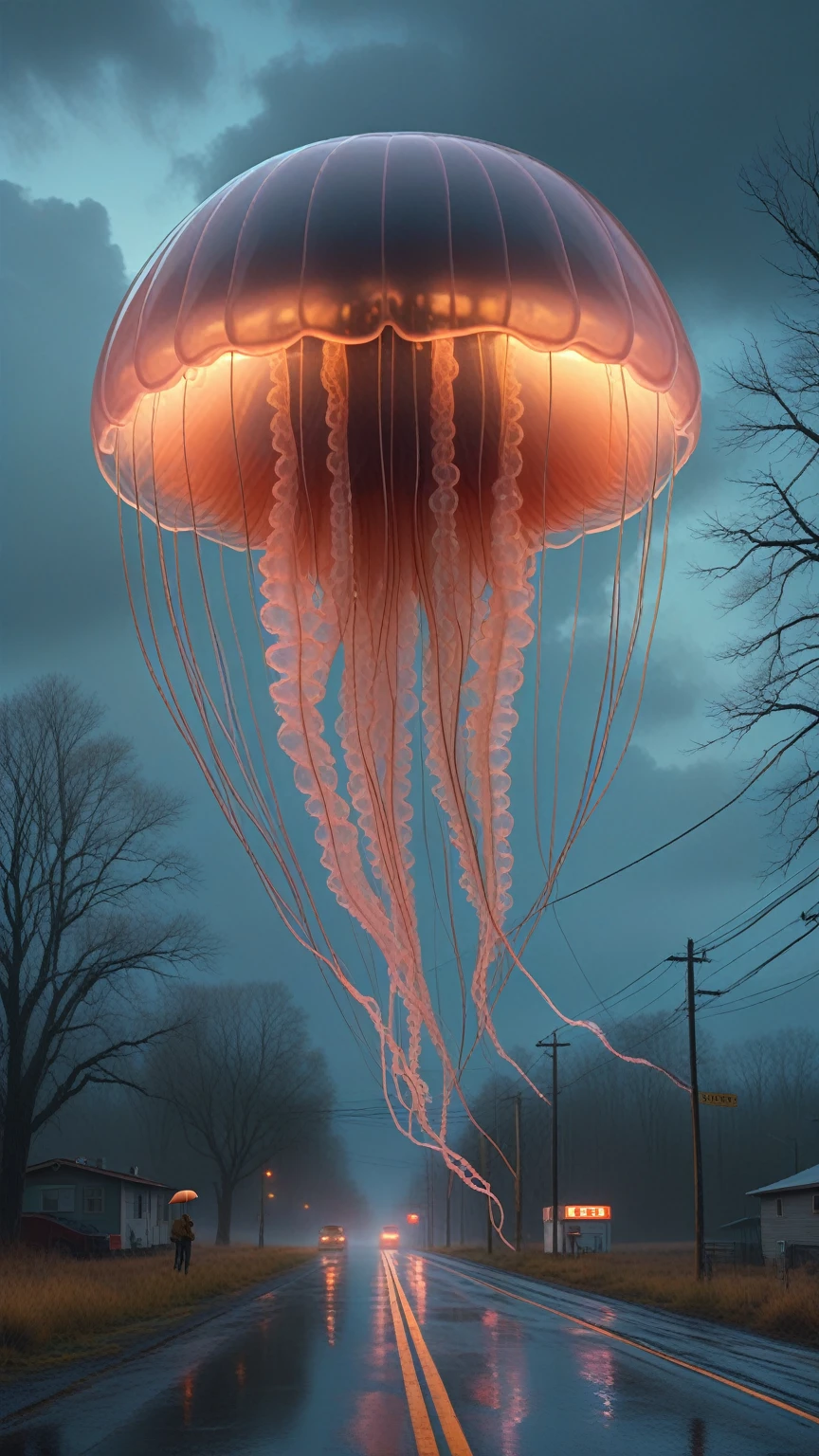 style of Simon Stalenhag,ASCII,sci-fi,moody lighting,depth_of_field,multiple giant lion's mane mechanical jellyfish float in the sky,transparent visible mechanical structures,there is water accumulation on the bumpy road surface,reflection reflection,a gloomy and foggy environment,hyper realistic octane render,foggy,glowing neon lights,cumulonimbus,sunset,rainy days,dripping,lighting,in winter,water vapor,medium_shot,foreshortening,photography,Hyperrealistic art RAW analog photo,(Extremely high-resolution details, photographic, realism pushed to extreme, fine texture,incredibly absurdres,absurdres,masterpiece,Extremely high-resolution details,realism pushed to extreme,fine texture),