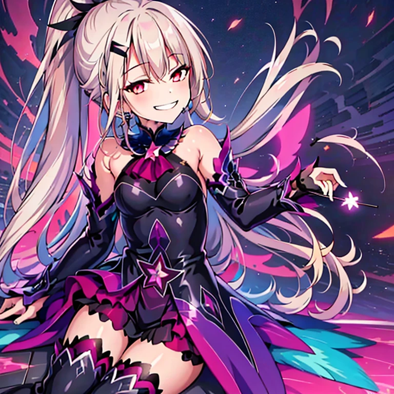 (best quality:1.2), 1 girl, alone, ponytail, star hairpins, black feather hairpin, nail art, vibrant colors, dreamlike lighting, detailed floral background, evil smile