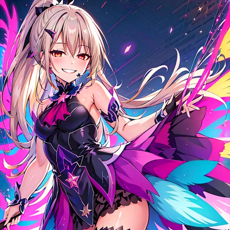 (best quality:1.2), 1 girl, alone, ponytail, star hairpins, black feather hairpin, nail art, vibrant colors, dreamlike lighting, detailed floral background, evil smile