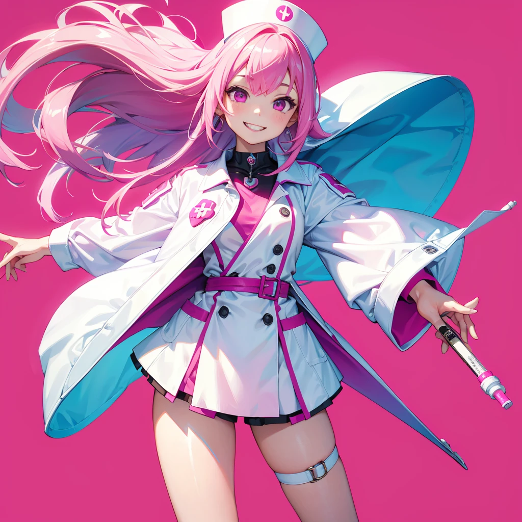 1girl、Dynamic composition、((Perspective Lens, A woman with long white and pink hair, Dynamic pose with a cute smiling face, He is holding a syringe bigger than himself towards the viewer.)) ((Pure Magenta Background:1.2)),Looks like she&#39;s in her early 20s,Shooting in mid-motion,With her long braided hair fluttering. Her outfit is a nurse&#39;s uniform,Black and deep pink color palette,And she&#39;s casually throwing money around,Be playful.,Super huge、detailed、Heart Injection、