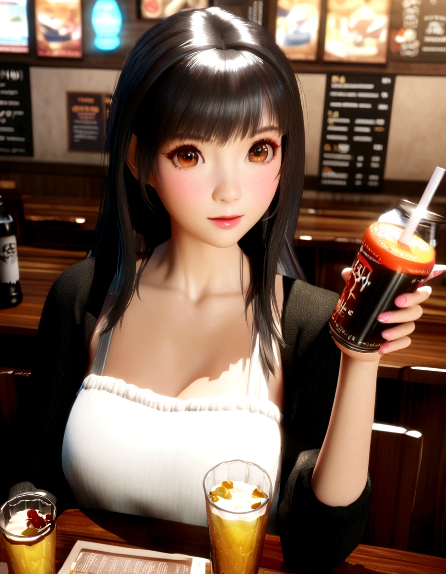 Anime girl holding a drink in a restaurant with a menu in the background, Realistic Anime 3D Style, with a drink, Anime girl drinking energy drink, Enchanting anime girl, 