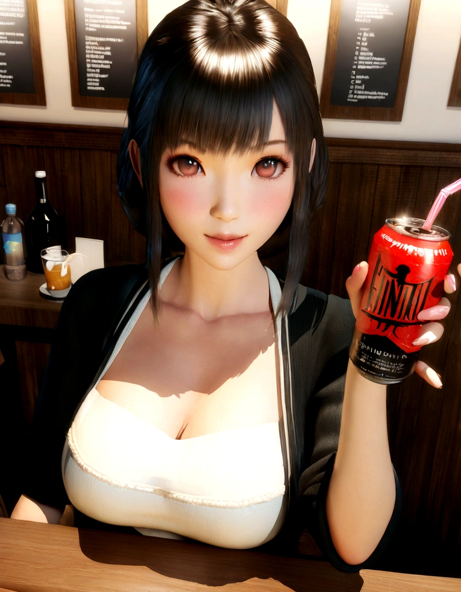 Anime girl holding a drink in a restaurant with a menu in the background, Realistic Anime 3D Style, with a drink, Anime girl drinking energy drink, Enchanting anime girl, 