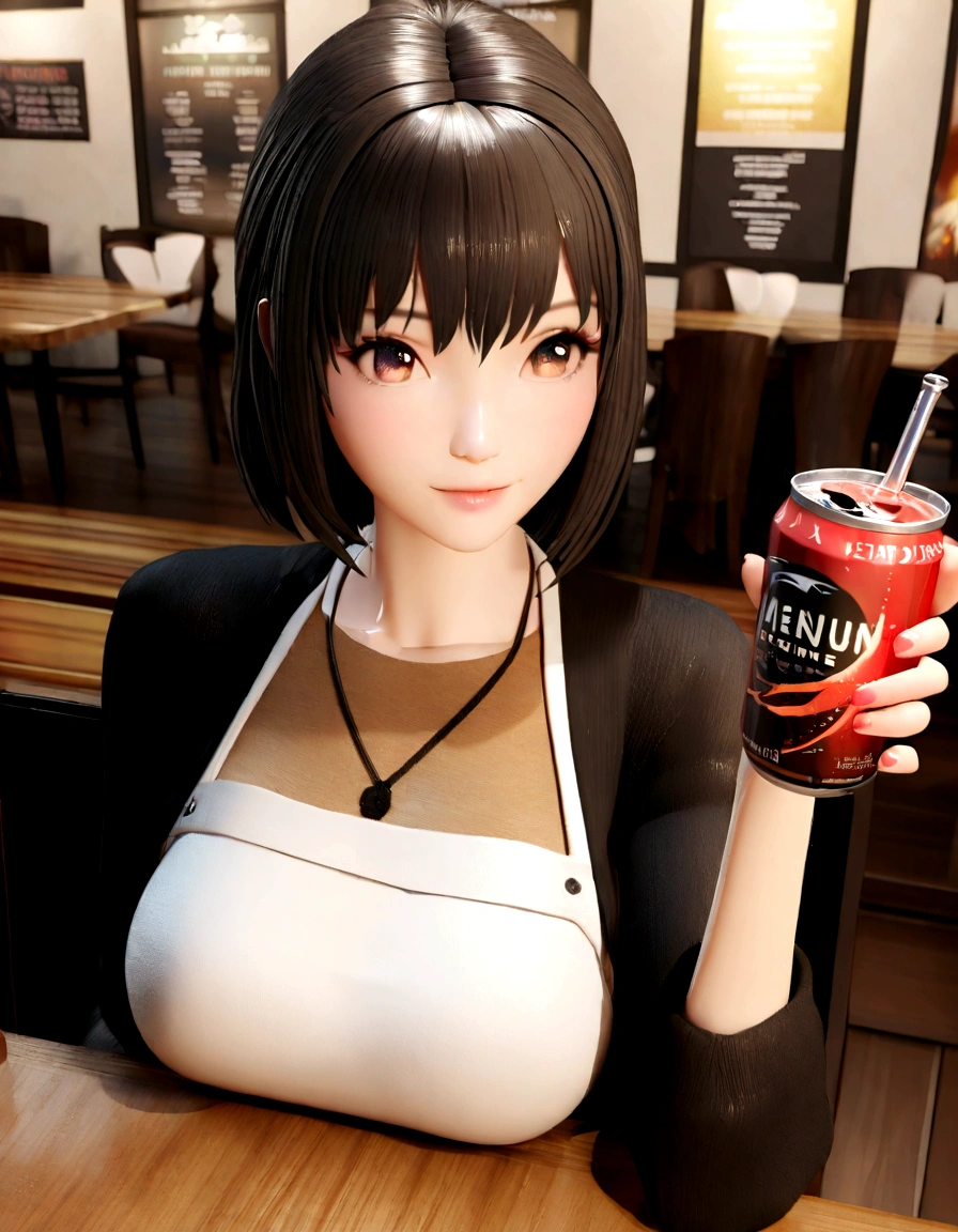 Anime girl holding a drink in a restaurant with a menu in the background, Realistic Anime 3D Style, with a drink, Anime girl drinking energy drink, Enchanting anime girl,