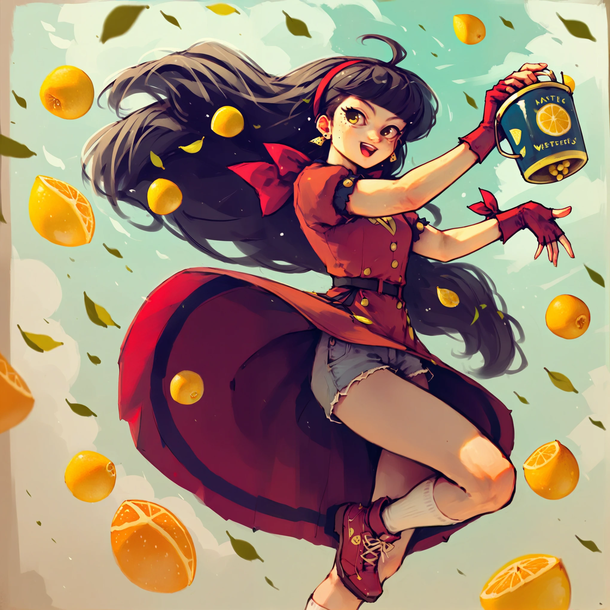 1girl, posing, micro bangs hair, style based on lemon, lemons floating in the air, score_9, score_8_up, score_7_up, score_6_up, score_5_up, score_4_up, rating_sfw, rating_acceptable, anime theme, sunny, (Masterpiece:1.3) (best quality:1.2) (high quality:1.1), sfw
