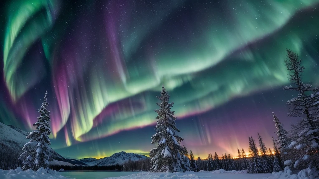 wonderfull stary pink and green sky with Aurora borealis in norway snowy forest,