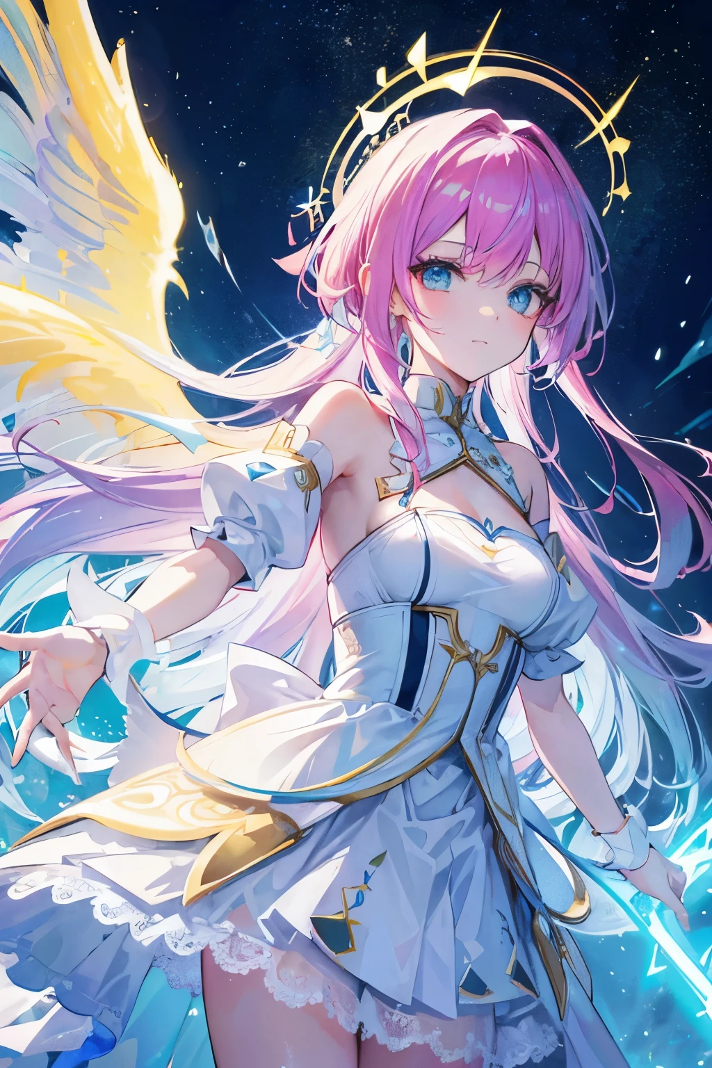 (((ultra detailed))), fluorescent colors, watercolor, ultra long hair, lace, crafty trick, love magic, happy angel, halcyon, saber,wings, diamond crossing, eden, dynamic lighting, wide shot, from above