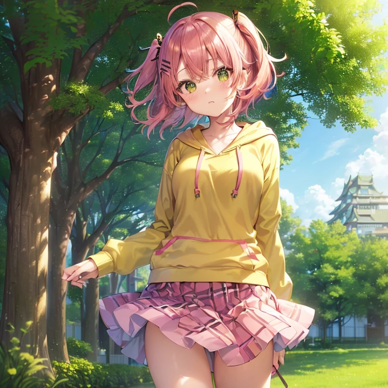 ((madhikado mazoku,chiyoda momo,1girl,solo,pink hair,hairclip,hair ornament,green eyes,medium hair,small breasts,,yellow hoodie over ,plaid skirt,blue skirt,red ribbon,pink hair clip,bob cut)), face towards the sky, head tilt, 1 girl, cellphone, tree, absurdres, highres,