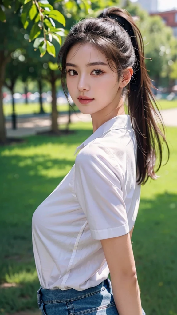 White collared shirt,jeans,outdoors,Urban Park,On the lawn,One woman,close up face,fully body photo,masutepiece, The highest image quality, High quality, the background is clear,Beautiful woman, Japanese, Detailed, Ultra-detailed, finely detail, hight resolution, 8K Wallpaper, Perfect dynamic composition, Beautiful detailed eyes ,Detailed eyes, Detailed skin, Beautiful skin, 超hight resolution, (reality: 1.4),Very beautiful woman, Slightly younger face, Beautiful skin, slender, (Ultra photo realsisim), (hight resolution), (8K), (Very detailed) (beautifully detailed eyes), (super detailed), (Detailed face), view the viewer, Fine details, Detailed face, Staring straight ahead, Staring straight ahead, photos realistic, Bright lighting, Professional Lighting, Black hair,poneyTail,a baby face,sixteen years old,Hairstyle: ponytail,Long ponytail hairstyle,slight smile,