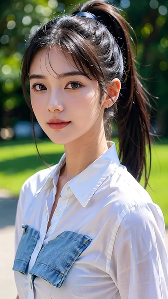 White collared shirt,jeans,outdoors,Urban Park,On the lawn,One woman,close up face,fully body photo,masutepiece, The highest image quality, High quality, the background is clear,Beautiful woman, Japanese, Detailed, Ultra-detailed, finely detail, hight resolution, 8K Wallpaper, Perfect dynamic composition, Beautiful detailed eyes ,Detailed eyes, Detailed skin, Beautiful skin, 超hight resolution, (reality: 1.4),Very beautiful woman, Slightly younger face, Beautiful skin, slender, (Ultra photo realsisim), (hight resolution), (8K), (Very detailed) (beautifully detailed eyes), (super detailed), (Detailed face), view the viewer, Fine details, Detailed face, Staring straight ahead, Staring straight ahead, photos realistic, Bright lighting, Professional Lighting, Black hair,poneyTail,a baby face,sixteen years old,Hairstyle: ponytail,Long ponytail hairstyle,slight smile,