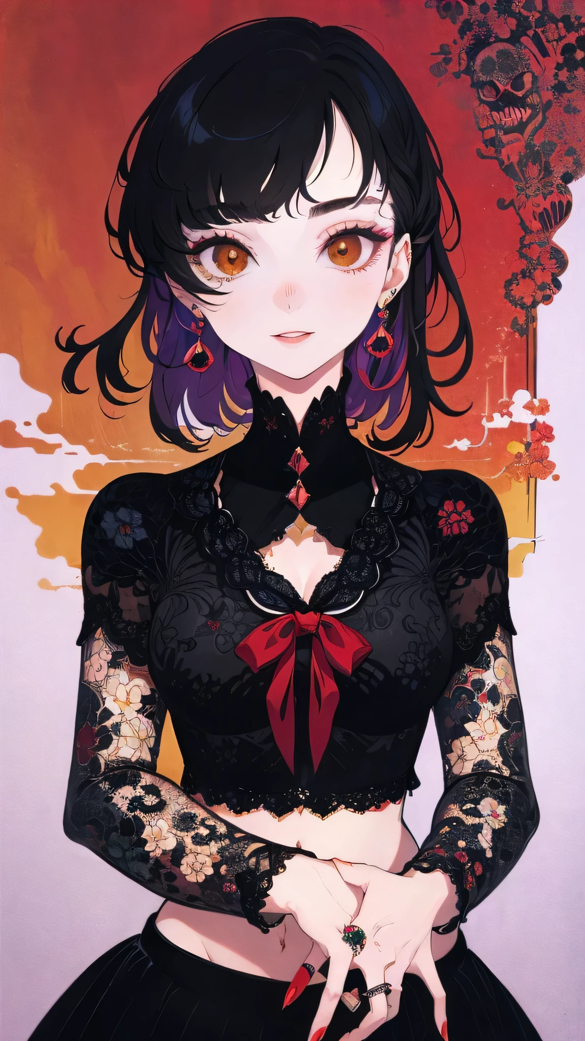 masterpiece, best quality, intricately detailed, a woman, beautiful, elegant, smile, blood, iridescent long hair, bangs, bow, hair bow, skirt, shirt, long sleeves, frills, shoes, bowtie, (red and black:1.4), flower, creepy, horror, skulls, Semi-realistic anime portrait, 1woman, ((yellow doe eyes)), purple hair, long hair, wavy hair, swept bangs, pretty eyes, juicy lips, black modern lace croptop, round earrings and rings, pretty face of makeup, red eye shadow, doll-like face, fake bright smile, popular party girl, shadow casting over eyes