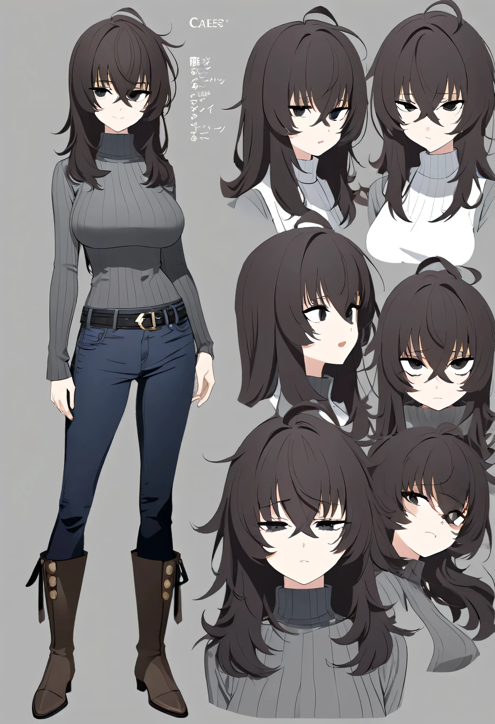 One Woman,Downer,older sister,Concept Art,Dark brown hair,Straight hair with slight inward curls,Staring eyes,Eye Ridge,black eye,Crossed bangs,whole body,smile,Larger breasts,Gray background,Bangs that reach down to the eyes,Messy hair,Tight dark jeans,Gray turtleneck sweater,Multiple views of the same character,Character Design,Dark circles under the eyes,Bad look,Listless,Sloppy,Silver Jewelry,Cafe staff,whole bodyCharacter Design,Detailed hands,Height: 170cm,boots,