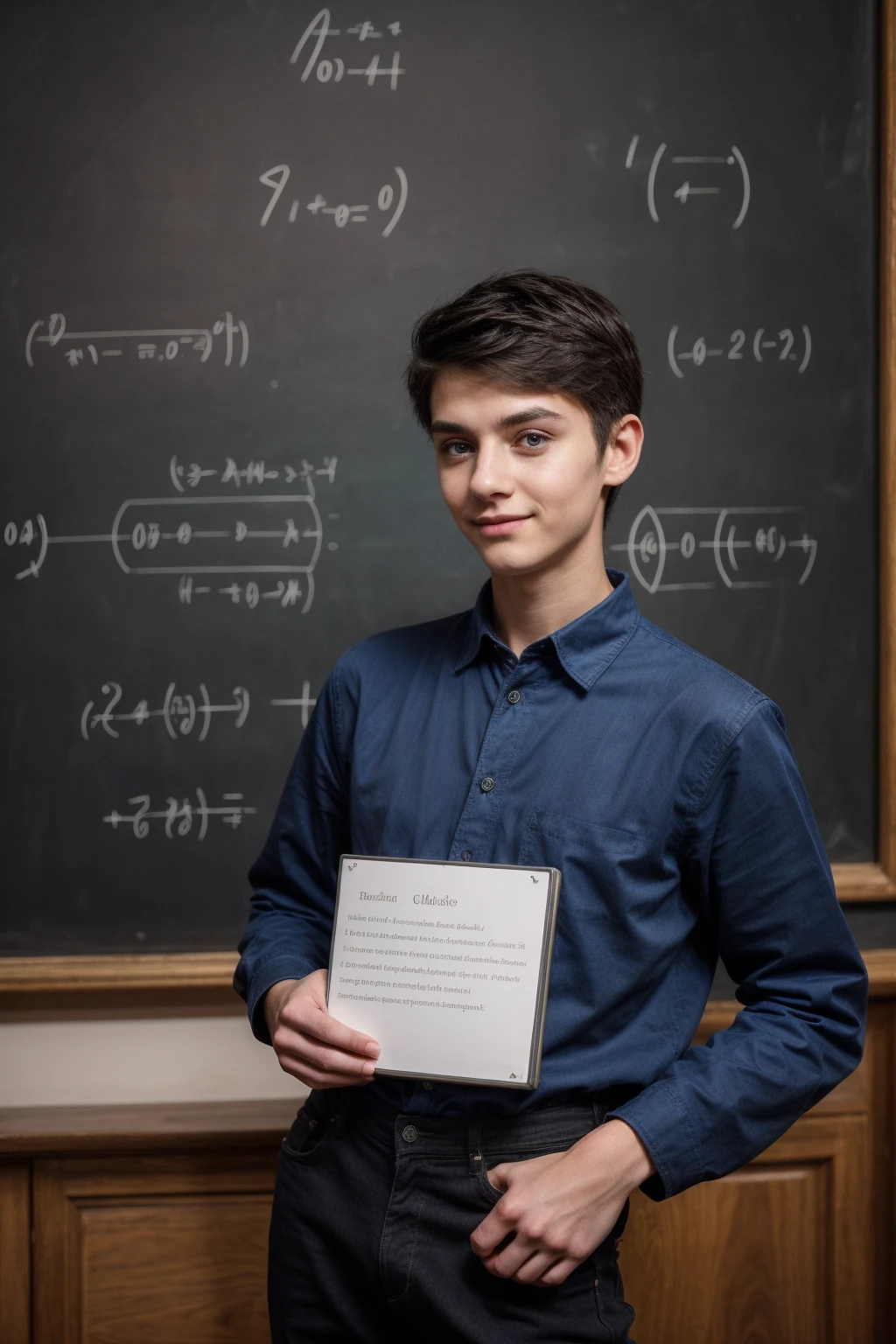 A beautiful young twink, cute male, with a face with makeup, wearing a long-sleeved, aqua-blue shirt and black jeans. He is in the Royal Hall, and behind him is a blackboard with calculus and physics equations written on it, and he looks proudly, and he has black hair.