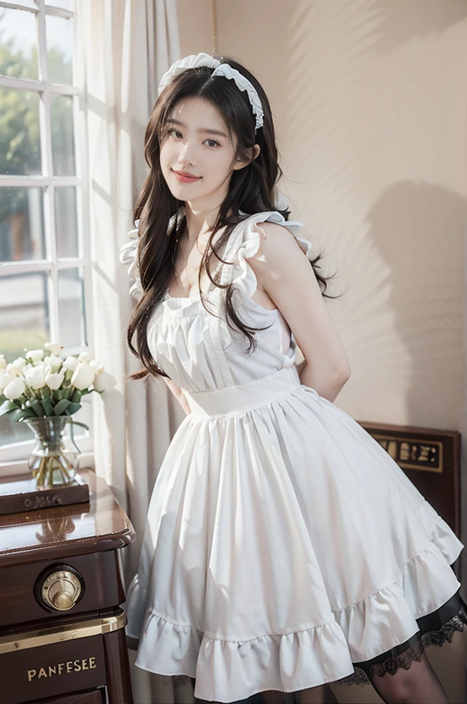 (((best quality))),(((ultra detailed))),(((masterpiece))),illustration,1girl,maid cafe,stunningly beautiful,slim,medium straight bob hair,flat chest,deep captivating eyes,maid costume,lace apron,bare arms,arms behind back,slender legs,pantyhose,graceful movements,confident charm,warm genuine smile,France cafe,sliding paper doors,delicious coffee pastries,warm inviting atmosphere,joyful eyes,Coffee Machine,upper body