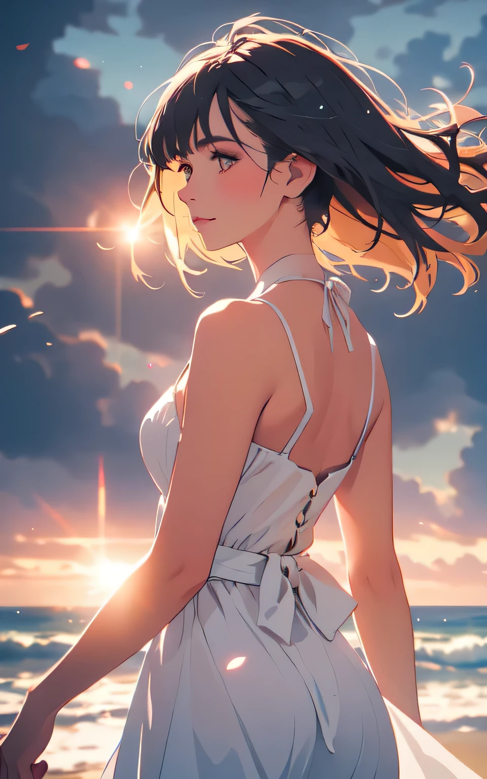 beautiful 1woman lex in a white dress blowing in the wind, walking on a stormy beach, dark clouds, (cowboy shot:1.4), realistic, masterpiece, highest quality, backlighting, (lens flare:1.1), (bloom:1.1), (chromatic aberration:1.1)